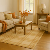 Rustic checkered rug in warm tan and brown tones for fall decor.